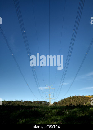 High voltage power line spanning the River Elbe near the nuclear power plant Kruemmel, Geesthacht, Germany. Stock Photo