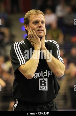 03 11 2011  Handball Supercup Berlin, Germany, Germany versus Denmark.   Team manager Martin Heuberger is anxious Stock Photo