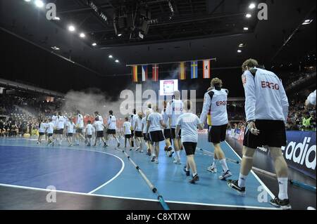 03 11 2011  Handball Supercup Berlin, Germany, Germany versus Denmark.  Team presentation of the Denmark national handball team along with Germany Stock Photo