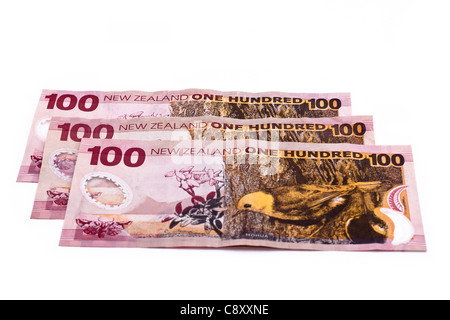 100 Dollar notes in New Zealand currency, isolated over white background. Stock Photo