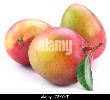 Three mango with leaf on a white background. Stock Photo