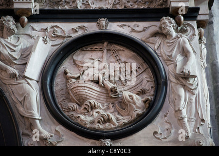 Belgium, Tournai, The Cathedral of Our Lady, Detail of Plaque on the Rood Screen Stock Photo
