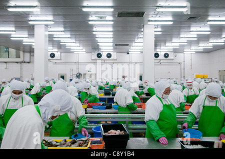 QINGDAO, CHINA; 03/11/2011. Shift workers are seen in the workshop of the Pacific Andes Food Ltd company, where fish are being de-scaled, de-boned, packaged and re-frozen for exports in the Marine Science & Technology Development Zone in Qingdao, China. © Olli Geibel Stock Photo