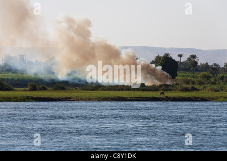 Section of Nile river bank with grassy bank and trees with a fire burning on the bank and smoke blowing right to left of shot Stock Photo