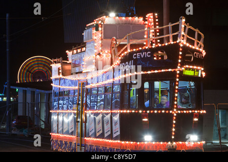 An electric tram dressed up as a boat for the annual, Blackpool Illuminations, Blackpool, Lancashire, UK. Stock Photo