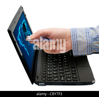 E-Commerce: Mans Hand With Credit Card and Notebook Isolated on White Stock Photo