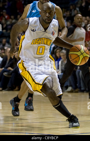 London Ontario, Canada - November 4, 2011. DeAnthony Bowden of the London Lighting carries the ball during a game against the Halifax Rainmen. London won the game 118-110 in front a crowd of 3600 spectators. Stock Photo