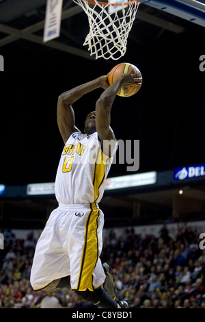 London Ontario, Canada - November 4, 2011. DeAnthony Bowden of the London Lightning goes up for a basket in a ga  London won the game 118-110 in front a crowd of 3600 spectators. Stock Photo