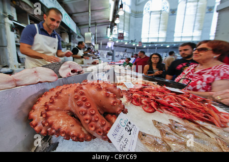 Fresh fish at Central market hall , Mercado Central, Valencia, Spain Stock Photo