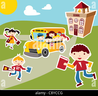 Back to school concept illustration background. Bus, children and school facade composition. Stock Photo