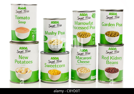 Eight different cans of Asda smart price products Stock Photo