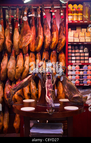 Ham jamon serrano displayed Market Mercat Santa Catalina in Palma de Mallorca Majorca Balearic Spain Stock Photo