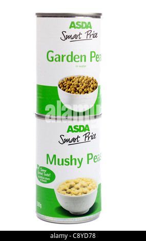 Two tins of Asda Smart price peas Mushy and Garden Stock Photo