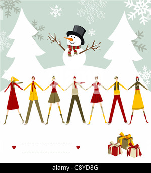 Snowman celebrating Christmas and people holding hands with blank lines to write on snowy background. Vector file available. Stock Photo