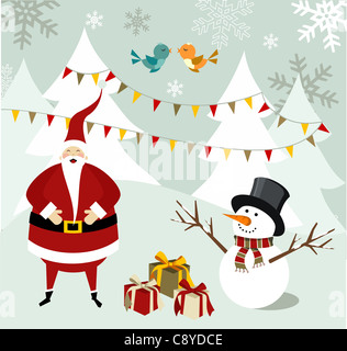 Santa Claus and snowman illustration celebrating Christmas with gifts in a snowy background. Vector file available. Stock Photo