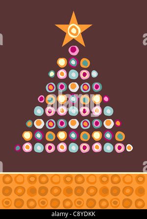 Christmas tree made of multicolored circles with a star on the top on purple background. Vector file available. Stock Photo