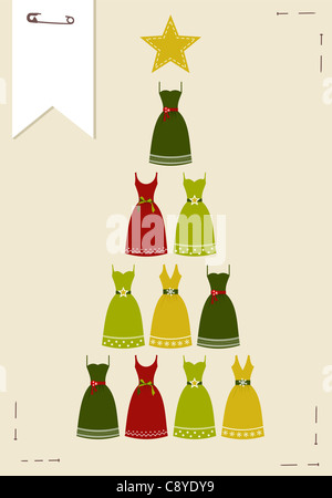 Christmas tree made of multicolored dresses with a yellow star on the top on pink background. Vector file available. Stock Photo