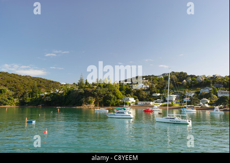 Boats in Russell Harbour, Bay of Islands, North Island, New Zealand Stock Photo
