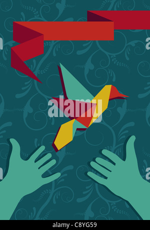 Origami hummingbird card and protective hands in vertical composition. Vector file available. Stock Photo