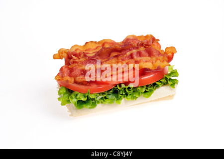 Bacon Lettuce and Tomato BLT open faced sandwich on a  bread roll on white background cutout. Stock Photo