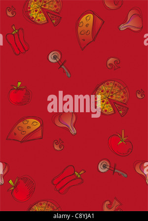 Pattern of pizza and ingredients on red background. Vector available Stock Photo