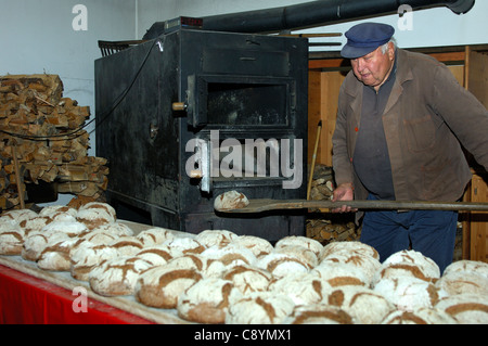 Baker taking out freshly baked Valaisian rye breads from the baking oven of the village bakery in Erschmatt, Valais, Switzerland Stock Photo