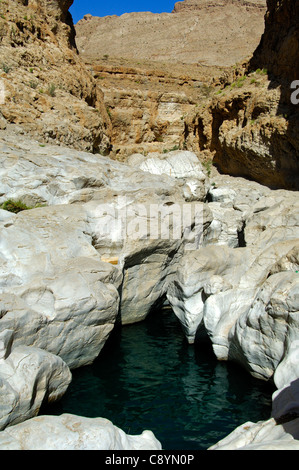 Cave pool in a canyon of the Wadi Bani Khalid, Sultanate of Oman Stock Photo