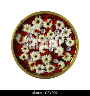 flowers arrangement floating on water in vessel Stock Photo