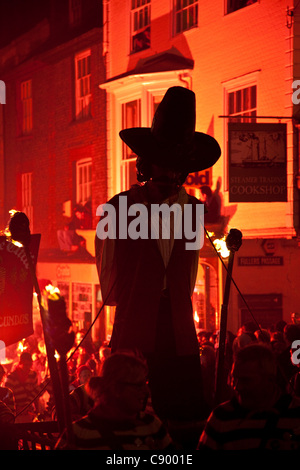 An effigy of Guy Fawkes who tried to blow up The Houses of Parliament in 1605 is paraded through the streets of Lewes, Sussex, England during the annual Bonfire celebrations of November 5th 2011. This is the largest Guy Fawkes Night Celebrations in Britain with up to 70,000 taking part Stock Photo