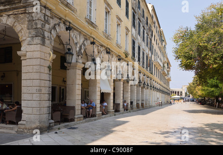 Corfu - Eleftherias shopping and café colonnade, Liston, Corfu Town, facing Kolla square Stock Photo