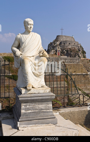 Corfu - the old Castle. Statue of Frederick (Dimitrios) North, 5th Earl of Guildford, founder of the Ionian Academy. Stock Photo