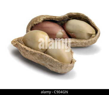 studio photography of two half peeled peanuts in white back Stock Photo