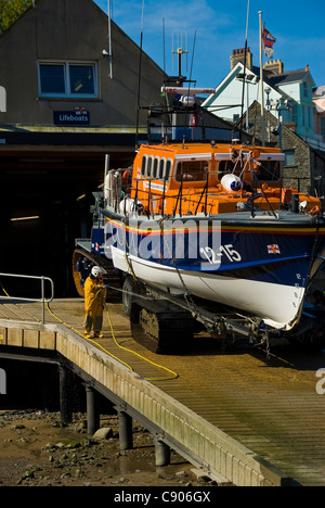 Lifeboat on slipway being washed and maintained, in Newquay, Pembrokeshire,Wales. Stock Photo