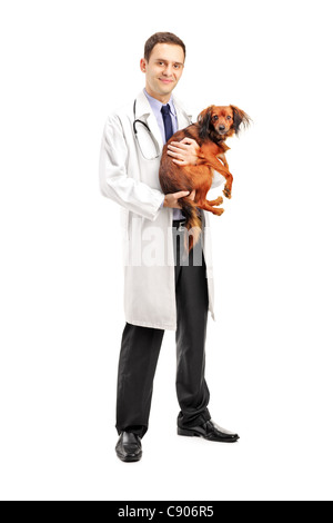 Full length portrait of a smiling veterinarian holding a puppy Stock Photo