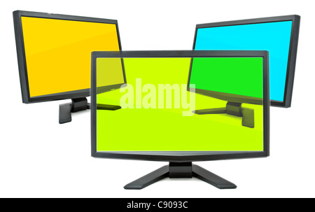 Three monitors with screens of different colors Stock Photo