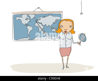 Geography teacher showing something to students on the world map Stock Photo