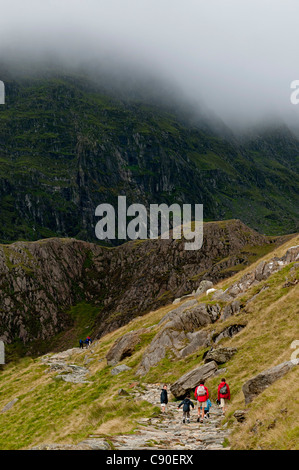 Family walking the Miners Track towards Mt. Snowdon, Snowdonia National Park, Wales, UK Stock Photo