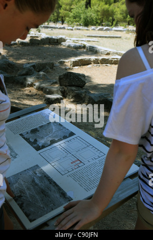 Epidavros in Greece site plan being read by a couple of teenage girls Stock Photo