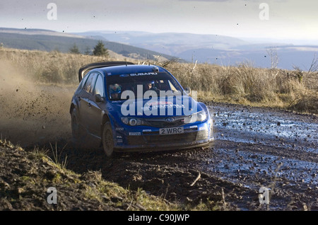 Petter Solberg on the Resolven stage of the Wales Rally GB in the forests of South Wales in 2008. Stock Photo