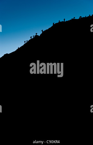 Silhouette of walkers climbing Sharp Edge on Blencathra, Lake District, Cumbria Stock Photo