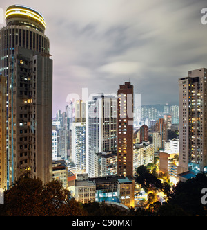 Hongkong Skyline, Hopewell Centre (l), Wu Chung House (c) and Wan Chai at night, Hong Kong, China Stock Photo