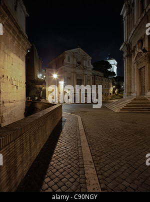 Church of San Giuseppe dei Falegnam (c), Santi Luca e Martina (r) at night, Rione Campitelli, Roma, Latium, Italy Stock Photo