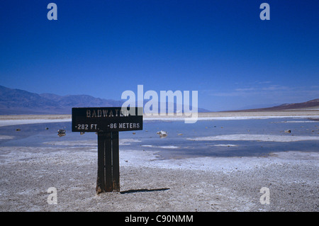 Badwater a basin in Death Valley is the specific location of the lowest elevation in North America at 282 ft or 85.5 m below Stock Photo