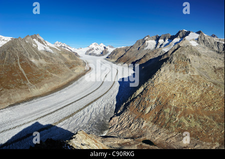 Glacier Grosser Aletschgletscher with Jungfrau, Moench, Eiger, Gruenhorn and Wannenhorn, from Eggishorn, UNESCO World Heritage S Stock Photo