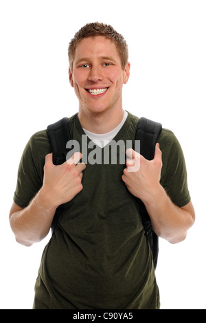 Portrait of young male student with backpack isolated over white background Stock Photo