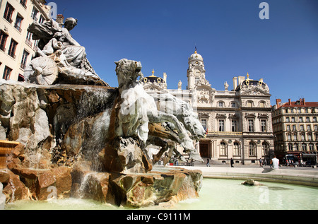 France. Lyons. Place des Terreaux Terreaux Fountain and City Hall. The sculptor of the Batholdi Fountain in this square also Stock Photo