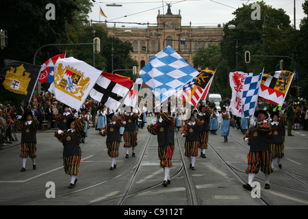 Bavarian flagwavers attend the opening ceremony of the Oktoberfest Beer Festival in Munich, Germany. Stock Photo