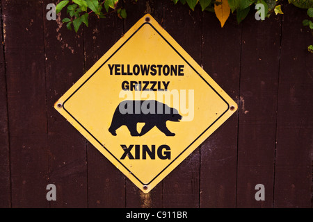 Grizzly Bear warning sign from Yellowstone National Park screwed to a wooden fence in England, UK Stock Photo