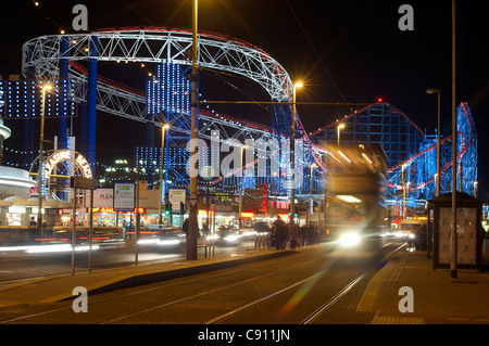 Big One roller coaster and vintage tram on promenade during Blackpool illuminations Stock Photo