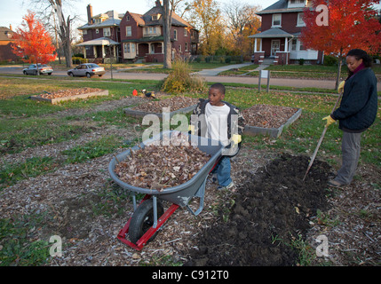 Volunteers spread fallen leaves on community garden Stock Photo